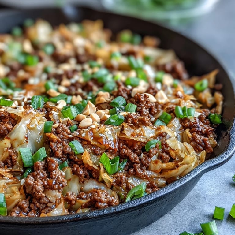 A colorful bowl of Chinese Ground Beef and Cabbage Stir-Fry garnished with green onions and sesame seeds.