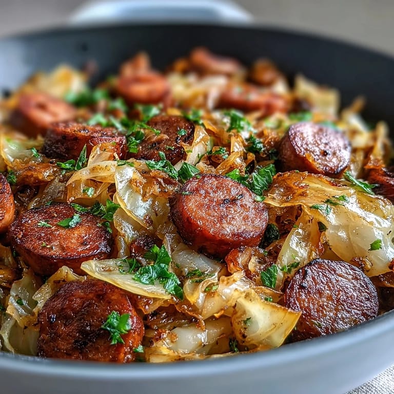 Golden, skillet-cooked sausage slices rest atop a generous serving of wilted green cabbage, ready to be scooped up for a cozy weeknight dinner.