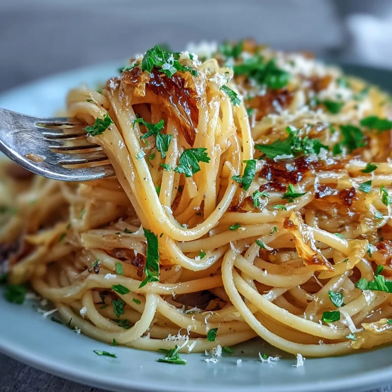A close-up of Cabbage Pasta with Garlic and Parmesan shows a steamy skillet of golden noodles, bright green parsley, and savory strands of caramelized cabbage.
