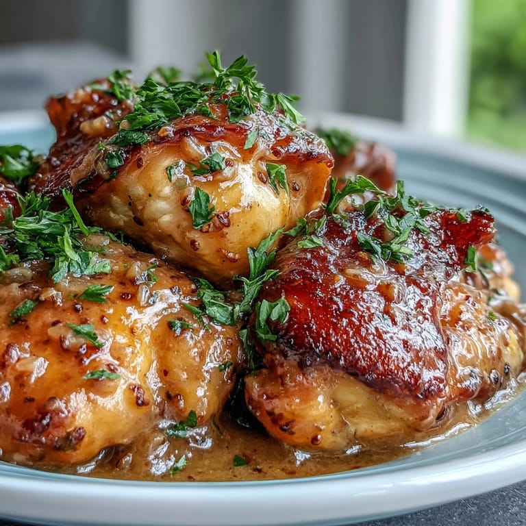 Freshly cooked Slow Cooker Honey Mustard Chicken garnished with herbs, featuring tender, juicy meat in a savory glaze.