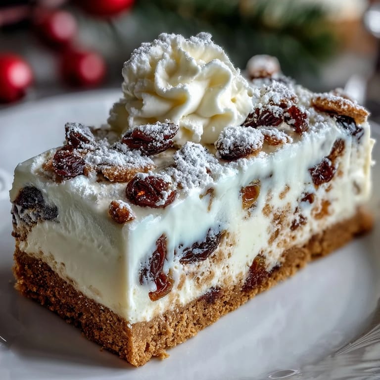 Slices of Christmas Cheesecake Slab are served with soft whipped cream on plates, ready for holiday celebrations.