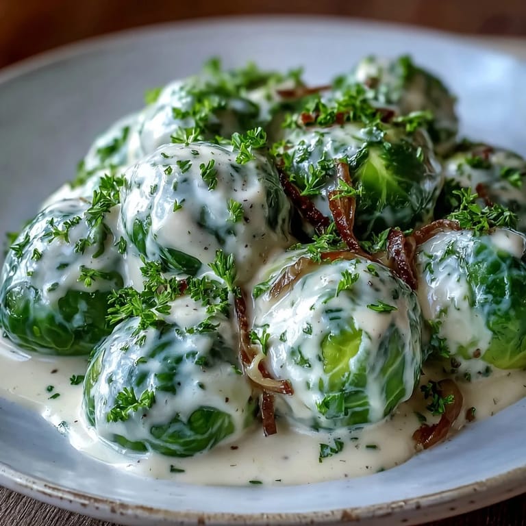 Glossy Brussels sprouts in a rich cream cheese-mustard sauce, finished with lemon and parsley for a comforting German-inspired side.