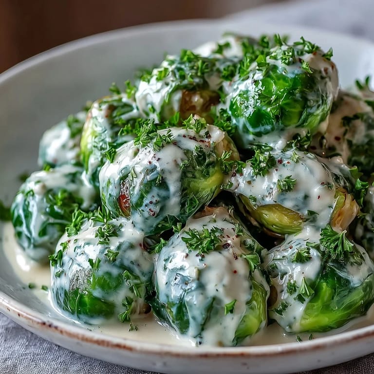 Crisp Brussels sprouts nestled in a creamy Dijon and cream cheese sauce with onion and garlic, ready to serve warm.