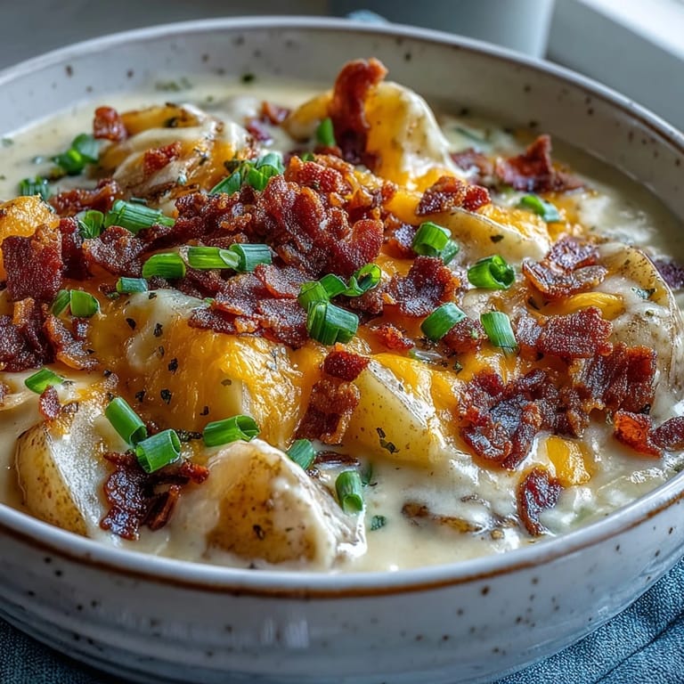 A hearty bowl of Loaded Potato Soup with velvety texture, served alongside crusty bread for a comforting lunch.