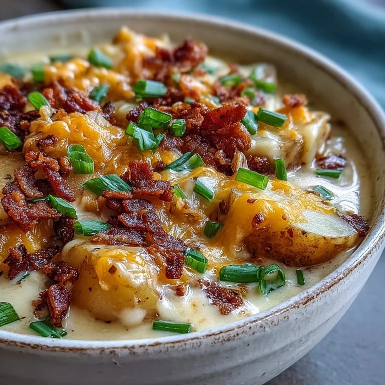 Spoon dipping into rich Loaded Potato Soup, revealing tender potato chunks and melty cheddar for a cozy dinner.