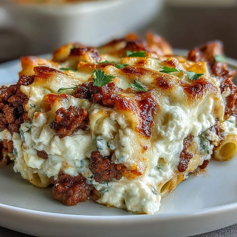 Fresh parsley garnish tops the Cottage Cheese Protein Pasta Bake with Ground Beef, paired with crusty bread on the side.