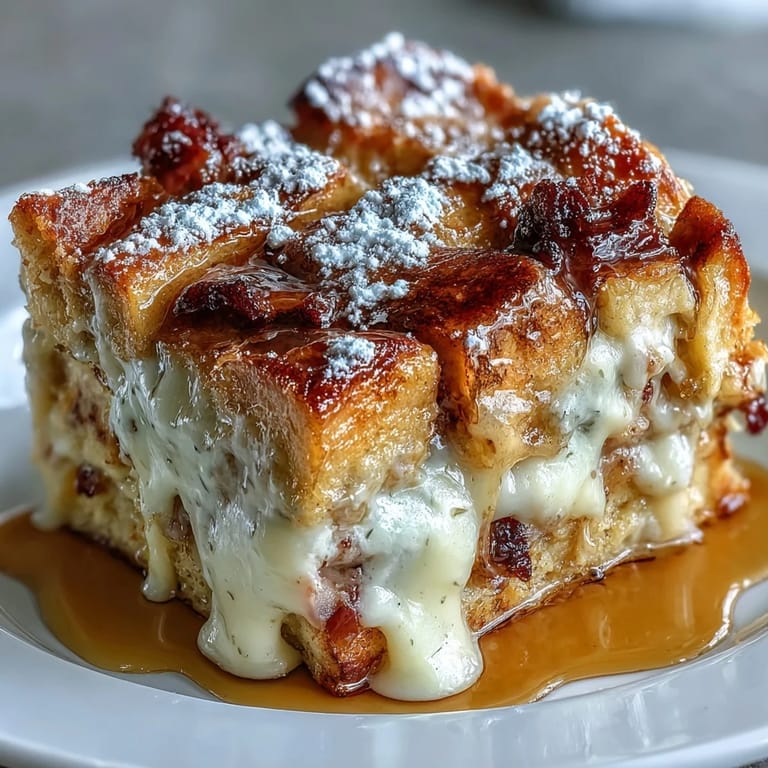 Monte Cristo Breakfast Casserole served warm, showcasing fluffy layers with ham, turkey, and Swiss cheese.