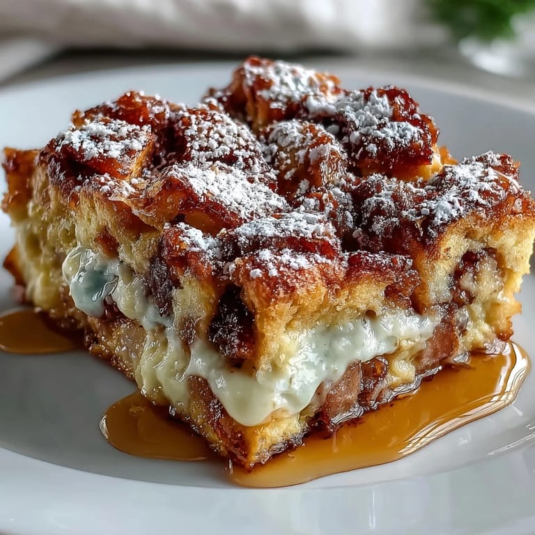 Freshly baked Monte Cristo Breakfast Casserole with a crispy edge and sweet powdered sugar topping.
