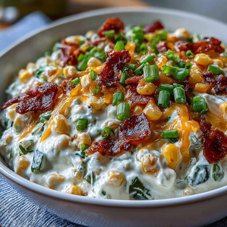Bowl of Crack Corn Dip topped with melted cheddar and fresh jalapeños, surrounded by tortilla chips at a party spread.