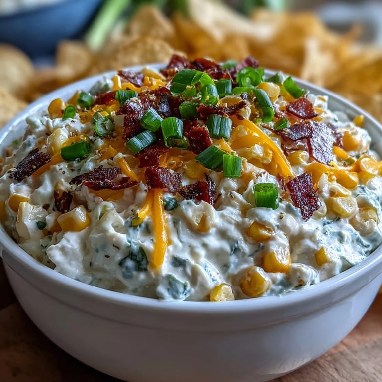 Warm Crack Corn Dip with cream cheese and sweet corn in a baking dish, golden and bubbly beside a colorful dipping bowl.