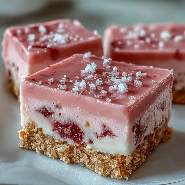 Close-up of a cut No-Bake Strawberry Fudge Square revealing a smooth white chocolate and strawberry filling on a crunchy graham cracker base.