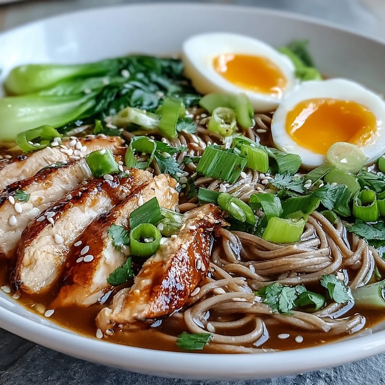 Healthy Miso Chicken Noodle Bowls served steaming hot with crisp bok choy, carrots, and fresh herbs.