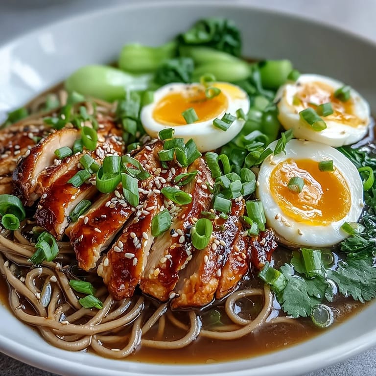Garnished bowl featuring Healthy Miso Chicken Noodle Bowls with nori strips and chili oil, ready to enjoy.