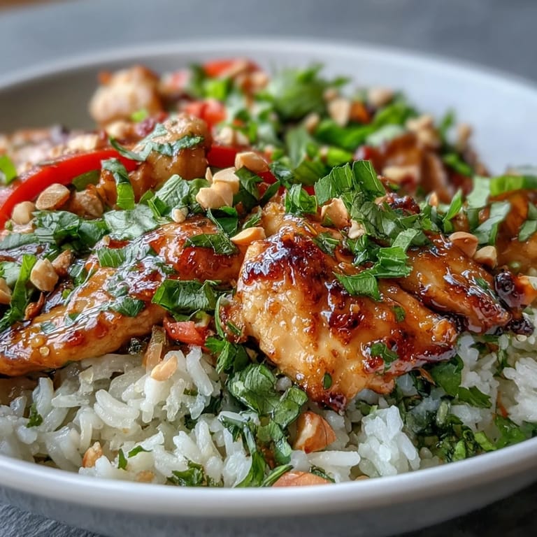 Thai Chicken Coconut Bowl served in a ceramic dish, featuring tender chicken and colorful vegetables, perfect for a weeknight meal.