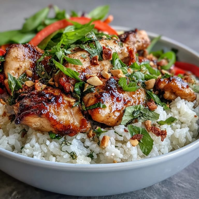 A close-up of a Thai Chicken Coconut Bowl topped with fresh herbs, lime wedges, and vibrant red bell peppers.