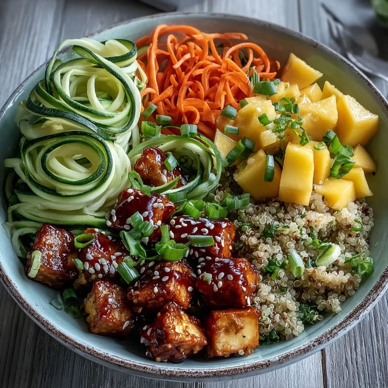 Steaming Easy Teriyaki Quinoa Bowl featuring golden baked tofu, fresh spiralized veggies, and fluffy quinoa, all drizzled with a glossy, savory-sweet teriyaki glaze.