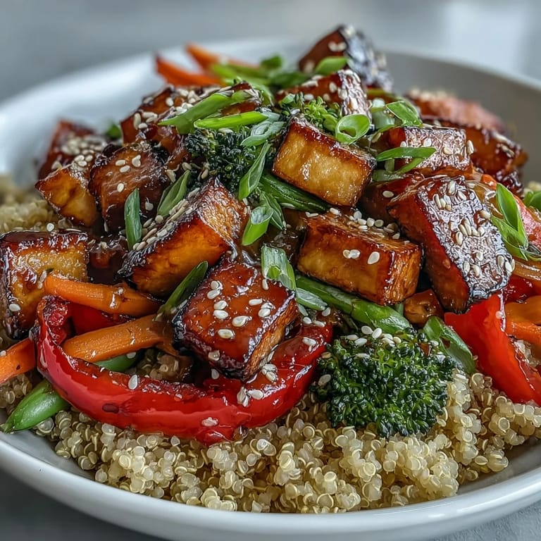 Hearty vegan Quinoa Vegetable Teriyaki Bowl ready to serve, drizzled with savory sauce.