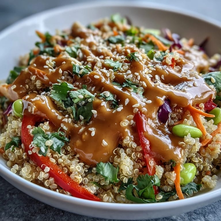 Colorful Thai Coconut Quinoa Bowl with shredded carrots, red peppers, and cucumber in a ceramic bowl.