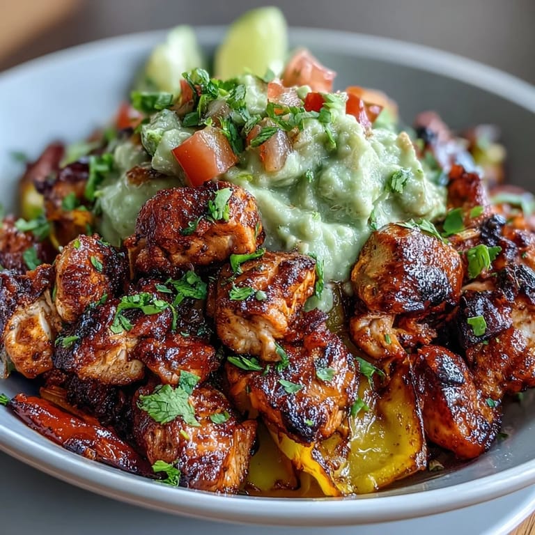 Fork-ready Sheet Pan Chicken Tinga Bowl featuring smoky chipotle chicken, roasted veggies, and fluffy rice, topped with fresh avocado salsa.