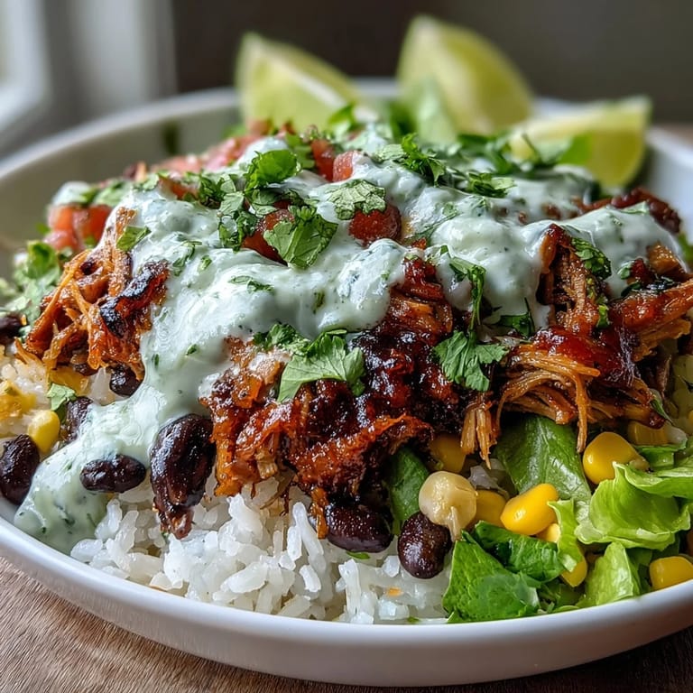 Sizzling Carnitas Burrito Bowl garnished with cilantro and lime wedges, served on a rustic kitchen table.