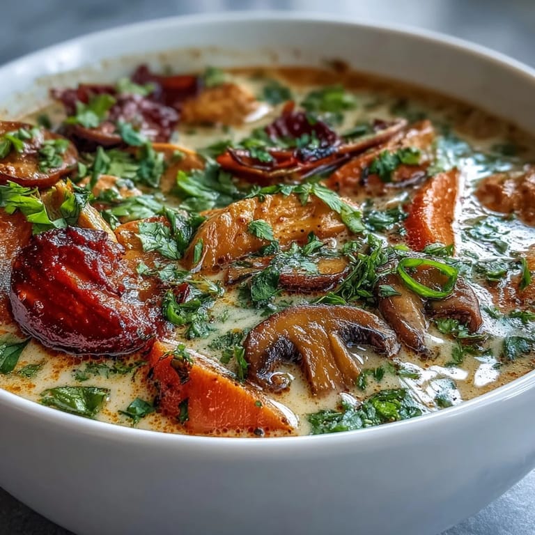 A close-up of Thai Coconut Curry Soup Bowl garnished with cilantro and chili slices next to fresh lime wedges.