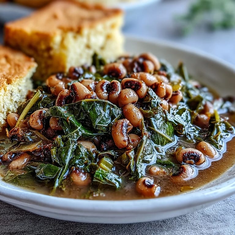 Steaming Black-Eyed Peas with Collard Greens served in a rustic bowl alongside warm cornbread wedges.
