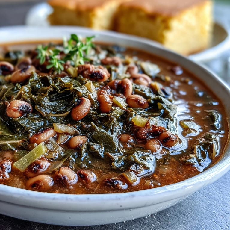 Tender Black-Eyed Peas with Collard Greens simmering with carrots and celery in a savory broth.