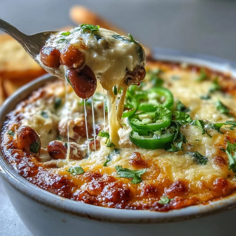 This baked Hot Black-Eyed Pea Dip with Jalapeño and Cumin is served warm in a dish, ready for game day snacking.