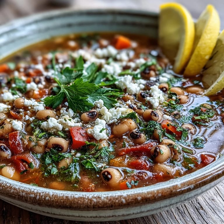 A steaming bowl of Greek-Style Slow Cooker Black-Eyed Peas garnished with fresh parsley and a lemon wedge.