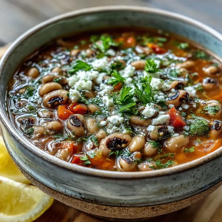 Overhead view of Greek-Style Slow Cooker Black-Eyed Peas with vibrant diced vegetables and a drizzle of olive oil.