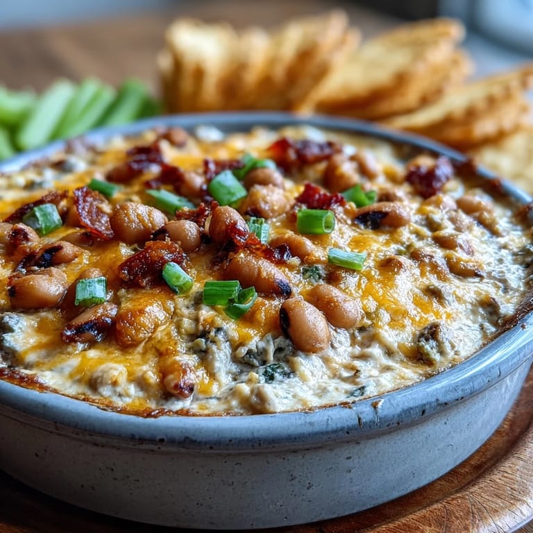 Warm, cheesy Black-Eyed Pea Dip in a casserole dish, garnished with green onions and pickled jalapeños.
