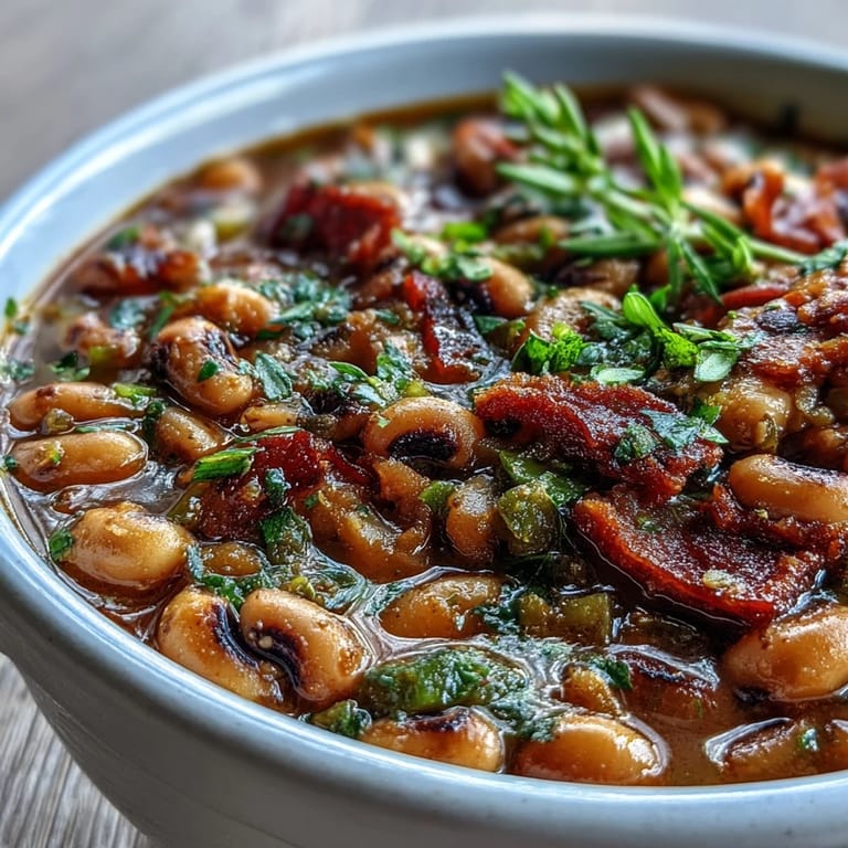 A close-up view of creamy Big Pot of Texas Black-Eyed Peas, garnished with fresh cilantro and sliced green onions, ready to serve. 