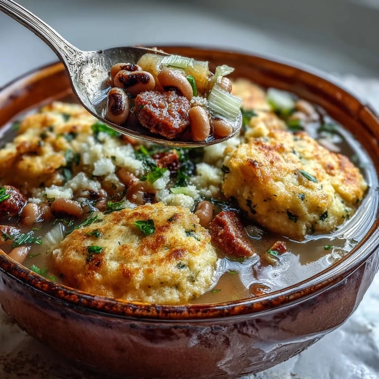 Hearty Southern Black-Eyed Peas and Sausage stew, served hot with fluffy, homemade buttermilk dumplings.