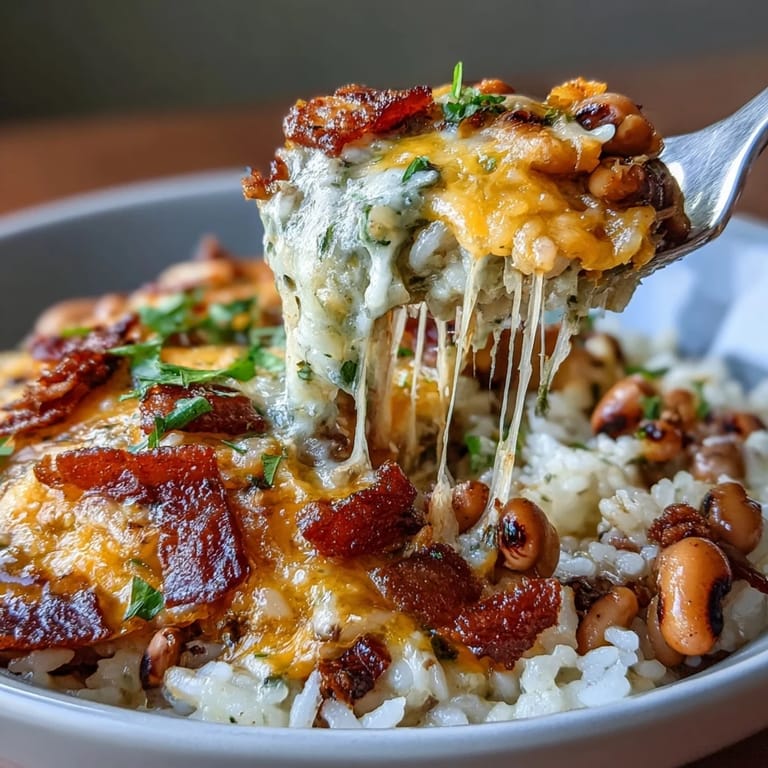 Hearty Tex Mex black eyed pea casserole loaded with tender rice, fresh spinach, zesty Rotel tomatoes, and crispy bacon in a savory cheese sauce.