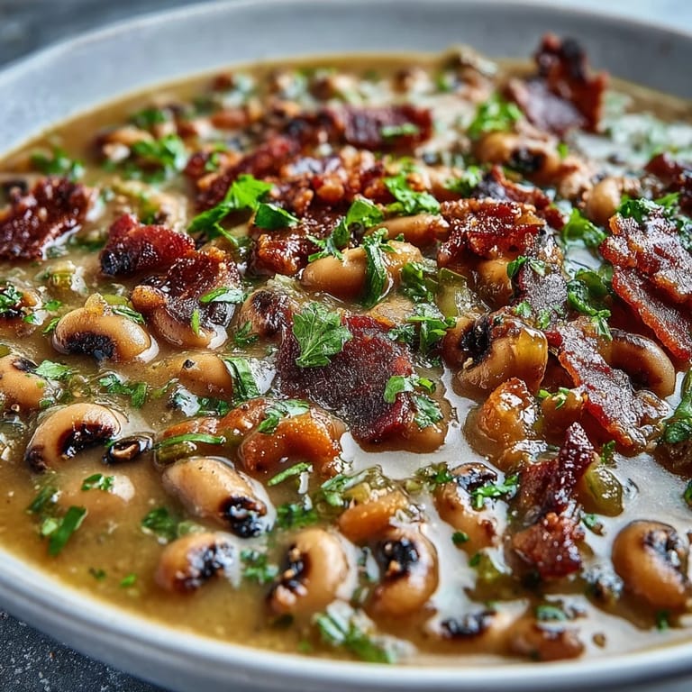 Comforting black-eyed peas and bacon soup served hot, topped with crunchy bacon and fresh parsley for extra flavor.