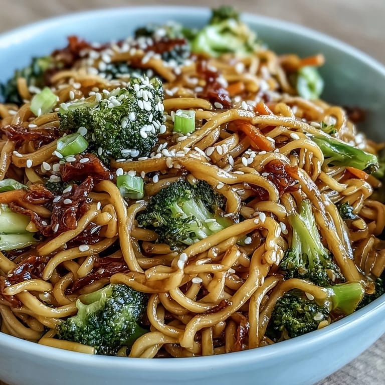 3. Enjoy a satisfying Asian teriyaki noodle bowl packed with crunchy veggies and silky noodles, finished with a sprinkle of sesame seeds for extra texture and flavor.