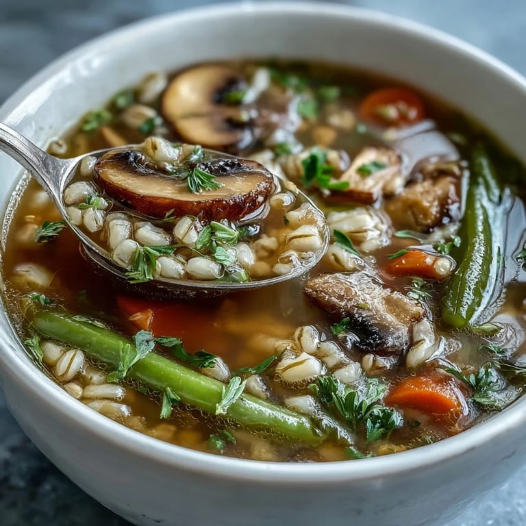 Hearty rustic vegetable barley soup with mushrooms, showcasing pearl barley, sliced cremini mushrooms, and seasonal vegetables in a comforting, aromatic broth.