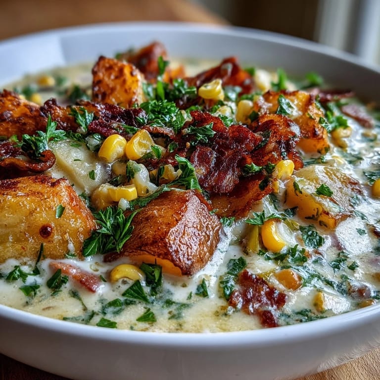 Savory ham and potato chowder with golden potatoes, fresh parsley, and sweet corn in a creamy, gluten-free broth.