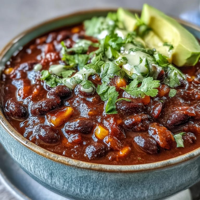 Rich vegetarian chili packed with black beans, sweet corn, and smoky spices, served with zesty lime crema.  