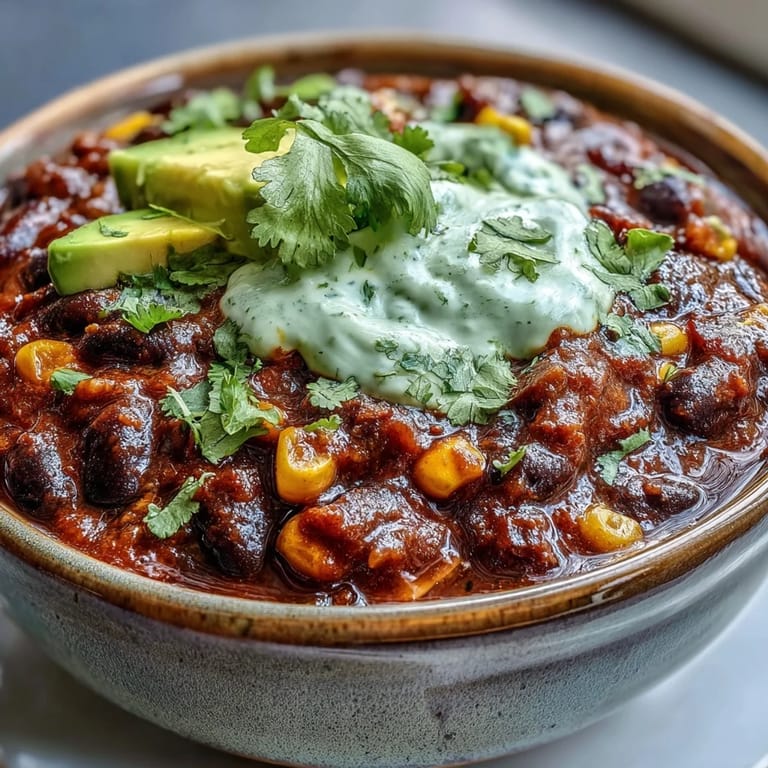 Hearty black bean and corn chili garnished with avocado and green onions, finished with creamy lime crema.