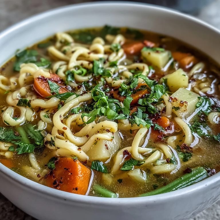 Comforting vegetable noodle soup with seasonal vegetables and soft egg noodles in a savory broth, ideal for warming up.