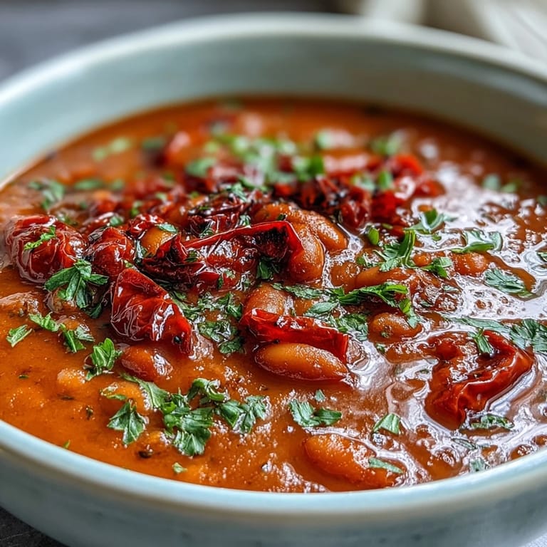 A steaming bowl of vibrant red pepper and white bean soup, served with crusty gluten-free bread for a comforting meal.