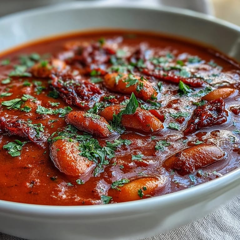 Hearty roasted red pepper and white bean soup, blended until smooth and topped with herbs, perfect for a cozy vegetarian dinner.