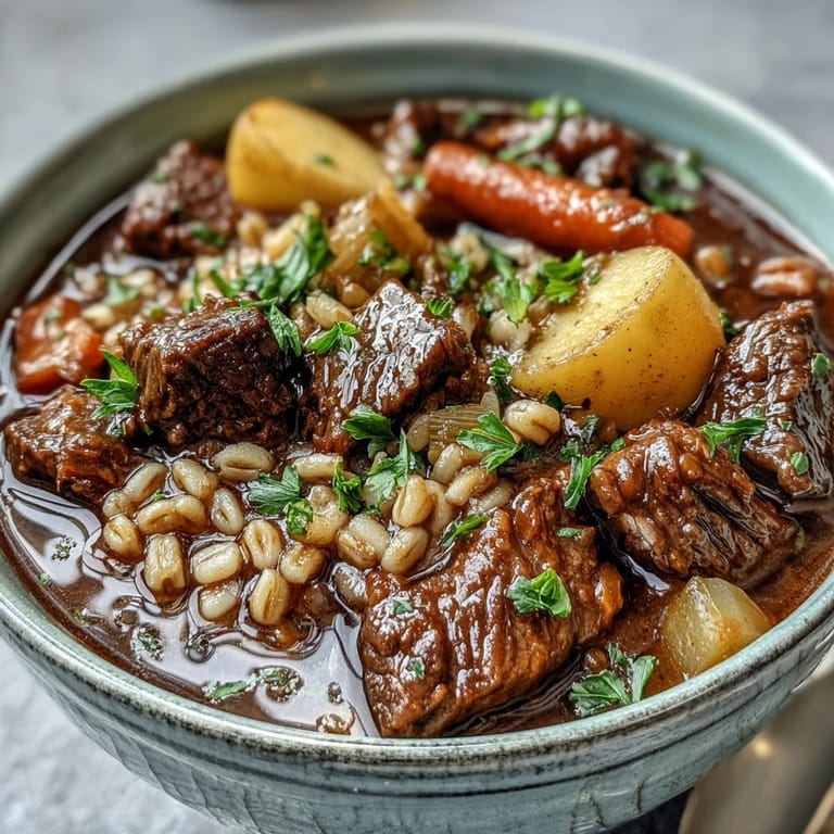 Slow-simmered One-Pot Guinness Beef and Barley Stew with melt-in-your-mouth beef, hearty barley, and vibrant root veggies for a comforting meal.