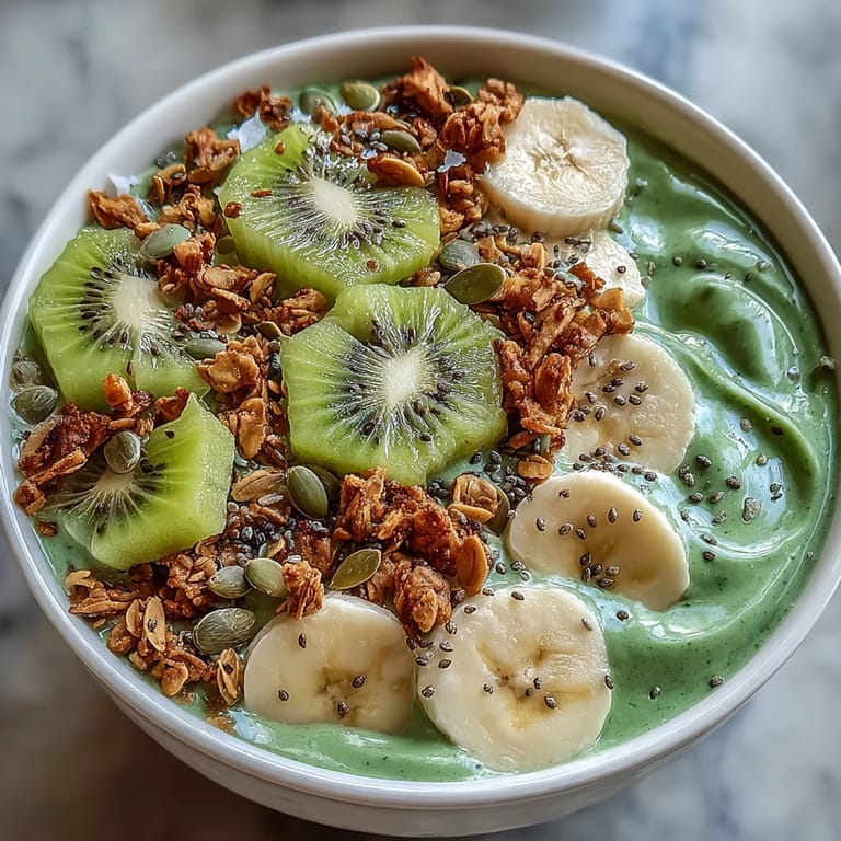 A refreshing Shamrock Green Smoothie Bowl featuring spinach, kiwi, and banana, garnished with seeds and mint for extra flavor.  