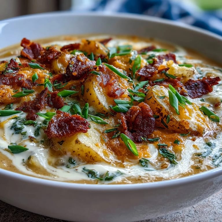 Velvety potato soup topped with crumbled turkey bacon, green onions, and melted cheese.  