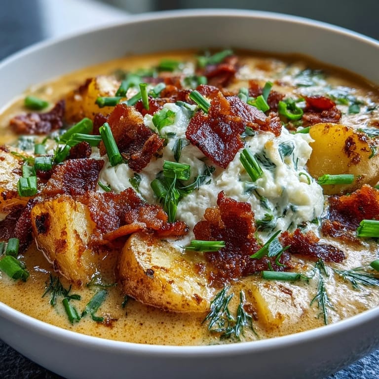 Healthy twist on classic loaded baked potato soup, perfect for St. Patrick's Day dinner.