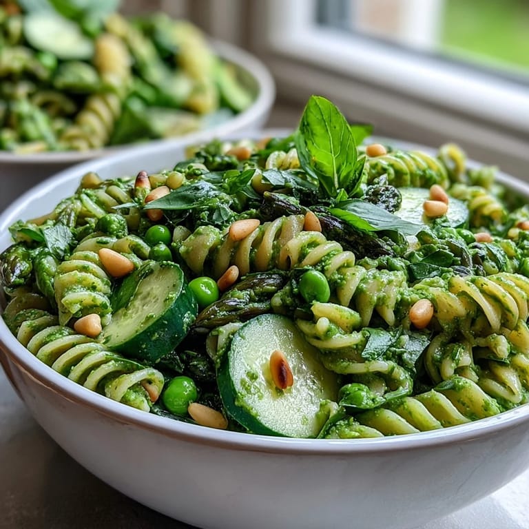 Creamy Spring Green Goddess Pasta Salad with Peas and Herbs - colorful fusilli pasta mixed with tender peas, diced avocado, and baby spinach, all coated in a tangy herb dressing.