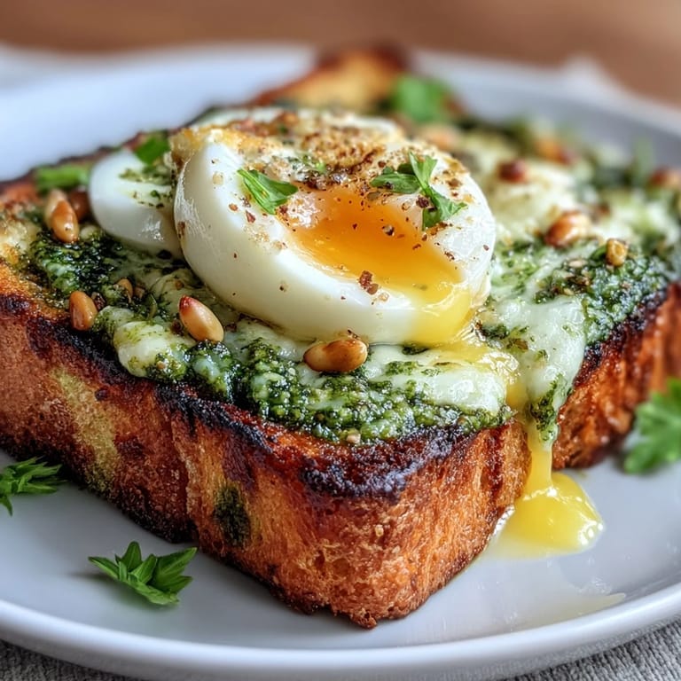 Creamy spinach pesto spread over golden sourdough, crowned with a jammy soft-boiled egg.