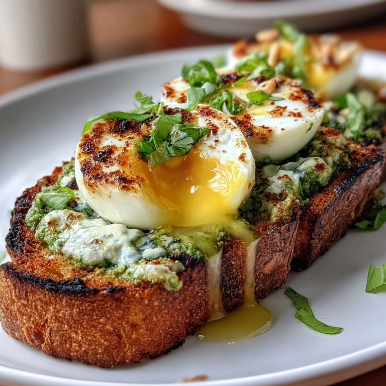 Vibrant spinach pesto toast with a halved soft-boiled egg, garnished with chili flakes.